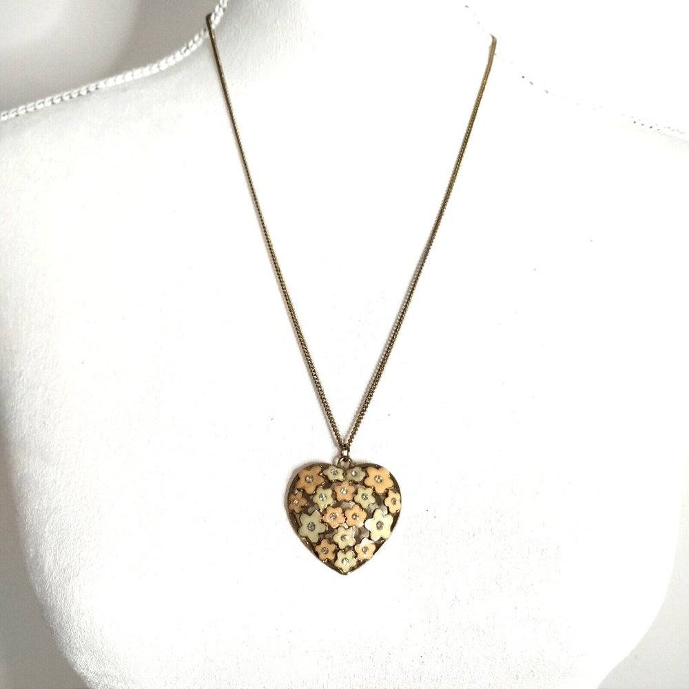 Flower Hear Pendent Necklace Gold Tone Pink White Flowers Rhinestones